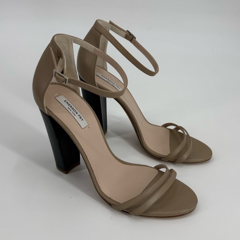 Emerson Fry Ankle Strap Block Heel Sandal in Taupe / Black | Size 10.5 / 11